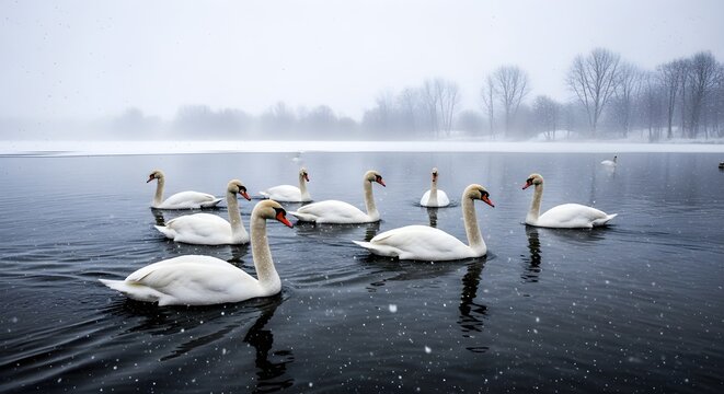 Graceful white swans elegantly positioned on pristine frozen winter lake surface surrounded by snow-covered landscape and misty atmospheric conditions, creating a serene and peaceful wildlife scene sh - Powered by Adobe