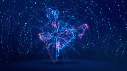 Map of India. Wire frame polygonal network line Cyber digital India country global tech and innovation, Concept stock market economy. satellites program track location virtual space Indian Rupee 3D 4K - Powered by Adobe