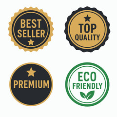 Set of Premium Quality Badges for Product Labels, Best Seller, Top Quality, Premium, and Eco-Friendly with Green Leaf Icon, Modern Vector Design for Marketing, Branding, and Eco-conscious Products.