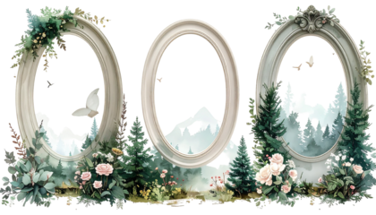 Three ornate oval frames adorned with nature scenes