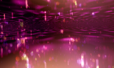 Abstract futuristic digital landscape with vibrant purple and pink neon lights reflected on glossy surface. Cyberpunk style technological background with bokeh effects and geometric patterns.