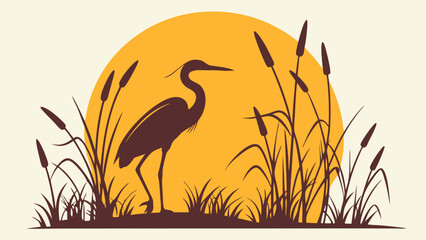 Obraz premium Heron Silhouette in Reeds at Sunset Peaceful Wildlife Nature Scene for Environmental Conservation Tourism Wellness and Outdoor Branding
