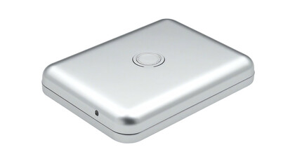 Metallic, rectangular device with a center button on a black field