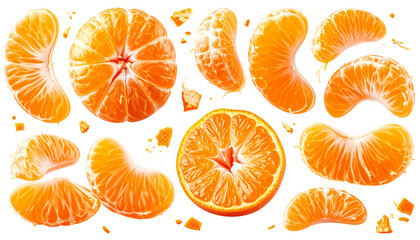Juicy, bright orange mandarin citrus fruit in various cut sections against black