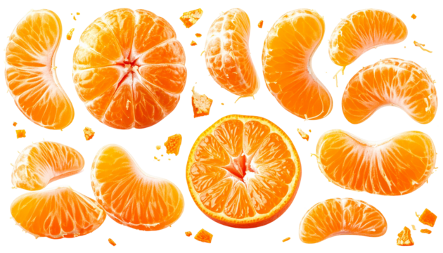 Juicy, bright orange mandarin citrus fruit in various cut sections against black