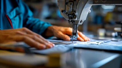 Close-up of a tailor's hands expertly guiding fabric through a sewing machine, creating a piece of textile