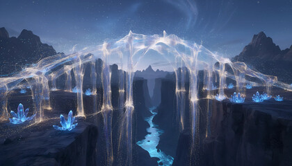 Digital Crystal Canyon, Futuristic Waterfalls, Virtual Landscape

