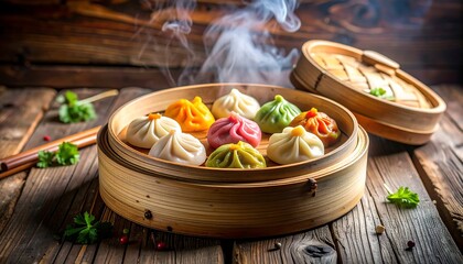 Steaming multi-colored dumplings in a bamboo steamer on rustic wooden planks with herbs and chopsticks