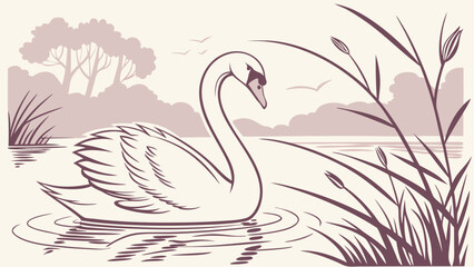 Fototapeta premium Graceful Swan Swimming on Calm Lake with Reeds Monochromatic Nature Illustration for Wildlife, Peaceful Design, Wellness, and Luxury Branding