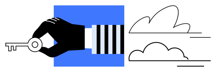 Hand in striped sleeve holding key beside minimalist cloud shapes. Ideal for opportunity, success, security, access, freedom, creativity, and innovation themes. Simple flat metaphor