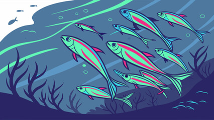 Vibrant School of Fish Swimming Underwater Illustration. Dynamic Marine Life, Ocean Ecosystem, Environmental Education, Nature Conservation, Web Design.