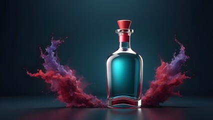 Elegant Glass Bottle with Turquoise Liquid and Dynamic Red and Purple Powder Explosion on Dark Teal Background