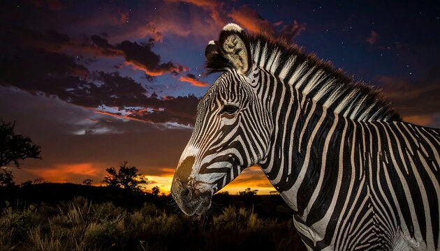Striking zebra portrait with dramatic sunset backdrop, emphasizing contrasting stripes and the wild beauty of nature