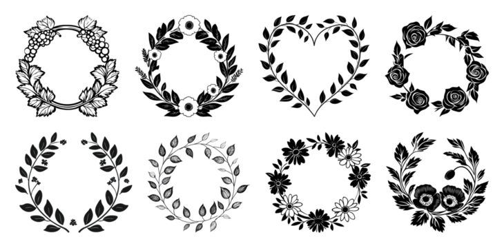 PNG Elegant floral wreath designs, element set on transparent background
