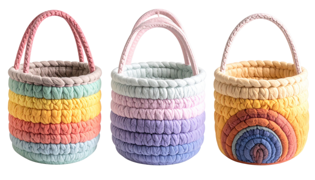 Three colorful woven baskets with handles, one featuring a rainbow design
