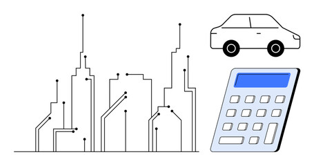 Urban skyline with circuit-thumbs up design, a simple car, and a calculator, symbolizing technology, smart cities, innovation, sustainability, automation, transportation and finance in a simple flat