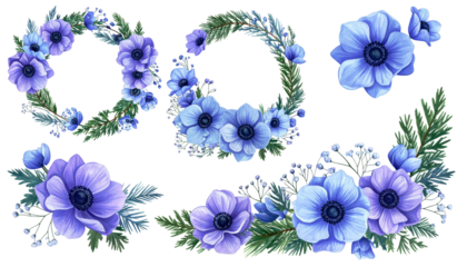 Watercolor floral arrangements with blue anemones, wreaths, and green foliage