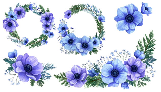 Watercolor floral arrangements with blue anemones, wreaths, and green foliage