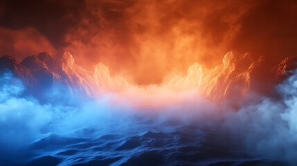 Obraz premium Ethereal fantasy landscape of blue foggy mist over dark ocean waves and fiery orange sky with dramatic illuminated rock formations