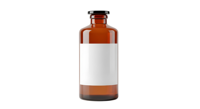 Amber glass bottle with blank white label for cosmetic or pharmaceutical product mockup and branding isolated PNG with Transparent Background