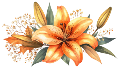 Watercolor arrangement features an orange lily, foliage, and buds