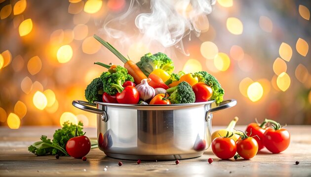 Steaming pot filled with colorful vegetables, sitting on a rustic wooden surface with blurred, warm bokeh lights behind
