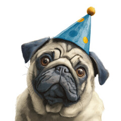 Cute Pug Clipart Wearing Birthday Party Hat on Transparent Background