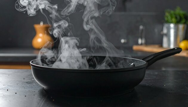 Steaming black frying pan on stovetop with kitchen background, generating wispy, rising vapor