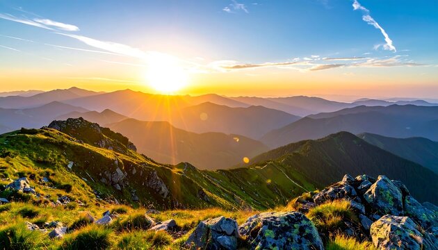 Sun bursts over layered mountain ridges, painting the sky gold as seen from a peak with rocks and grass