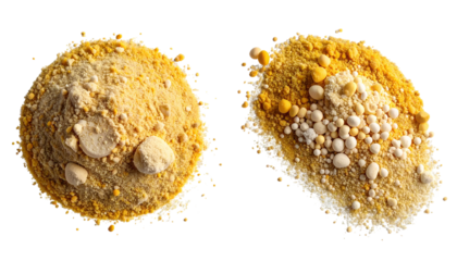 Overhead view of two isolated mounds of grainy, yellow and beige granules