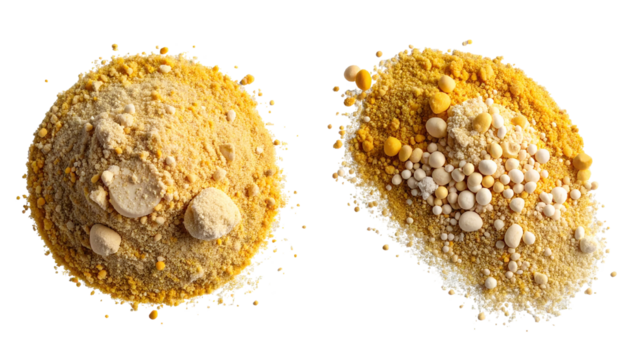 Overhead view of two isolated mounds of grainy, yellow and beige granules