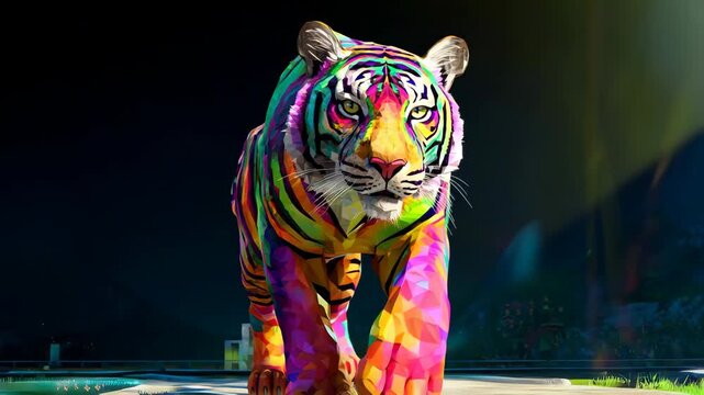 A bright tiger with multicolored hair in a polygonal style, walking forward