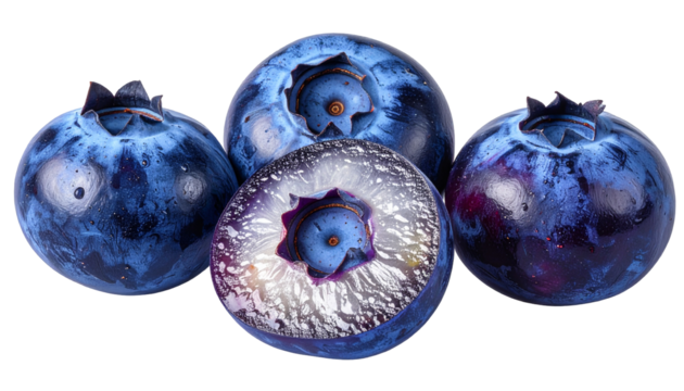 Close-up of four plump blueberries, one halved revealing interior detail