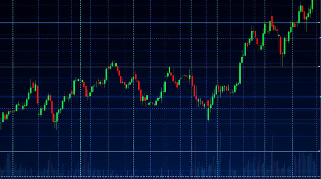 A captivating candlestick chart showing a steady upward trend in the stock market or cryptocurrency exchange with vibrant green and red bars