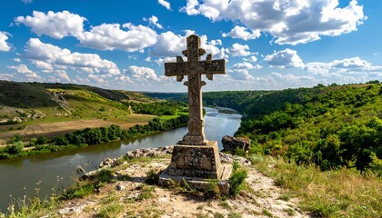 Stone cross atop a hill overlooking a river valley, under a blue sky with fluffy clouds