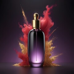 Sleek Purple Glass Dropper Bottle with Golden Cap Amidst Dynamic Red Fluid and Gold Glitter Explosion, Representing Luxury Skincare or Cosmetic Essence on a Dark Background