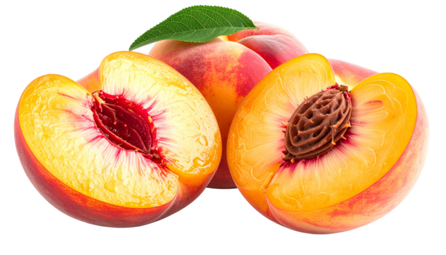 Close-up of ripe peaches, one halved to reveal the pit and juicy flesh