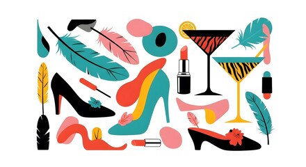 Fashion and beauty items including shoes lipstick and cocktails vector illustration for design and d