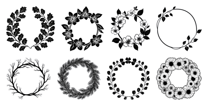 PNG Elegant floral wreath silhouettes collection, element set on transparent background