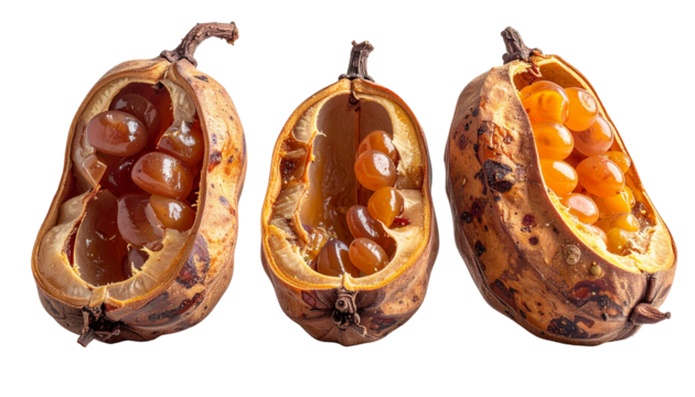 Three dried pods reveal shiny, amber-colored seeds nestled inside their weathered husks
