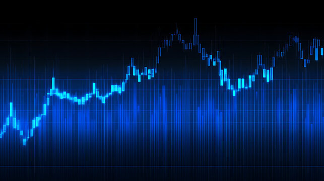 A mesmerizing blue digital financial chart showing market fluctuation with glowing light trails and abstract data lines on a dark background