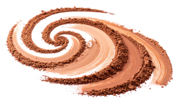 Swirl of earth-toned powder forming a spiral against a black background