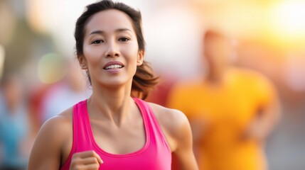 A woman runs energetically in a bright pink top, showcasing her determination in a lively, competitive atmosphere. Other runners are visible, adding to the excitement of the moment