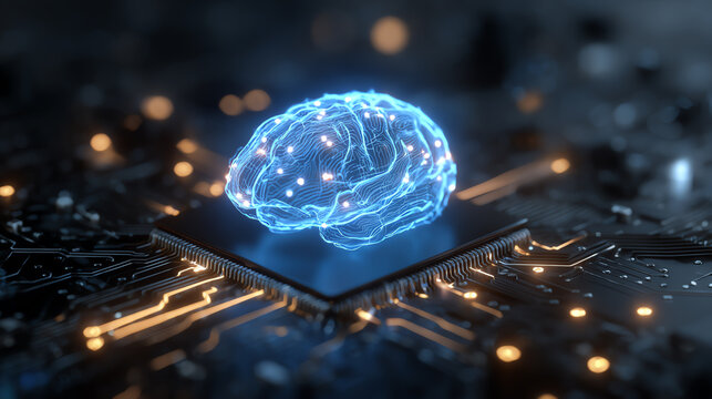 A futuristic digital brain over a microchip, representing artificial intelligence and technology fusion.