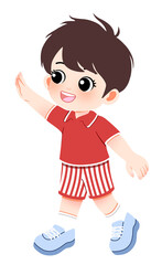 Adorable Cartoon Boy Waving Hand in Red Outfit for Children's Illustration Projects