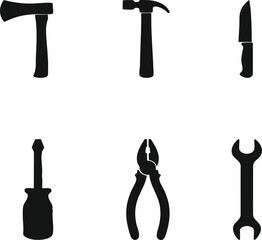 Collection of Essential Hand Tools in Silhouette: Hammer, Axe, Knife, Screwdriver, Pliers, and Wrench on White Background for Construction, DIY, and Repair Work Concept