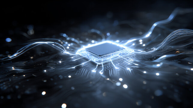 A futuristic microchip illuminated with glowing circuits on a dark background, symbolizing advanced technology.