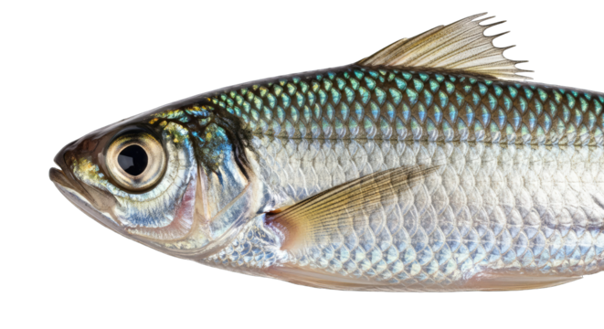 Detailed Side Profile of a Small Silvery Blue Fish with Iridescent Scales and Dark Eye Isolated on a Black Background