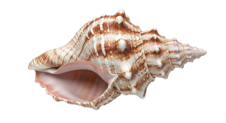 Detailed Studio Shot of a Large Spiky Seashell with Intricate Patterns in White and Brown Against a Black Background