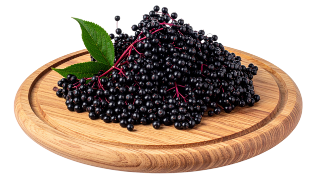 A pile of small, dark berries with leaves on a wooden cutting board - Powered by Adobe